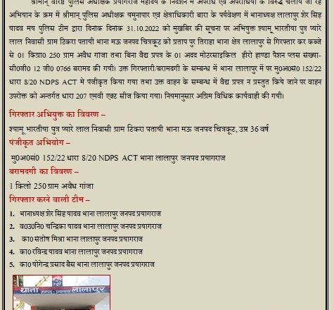 गांजा माफियाओं पर लालापुर पुलिस का चला हंटर अवैध गाजा के साथ एक तस्कर गिरफ्तार